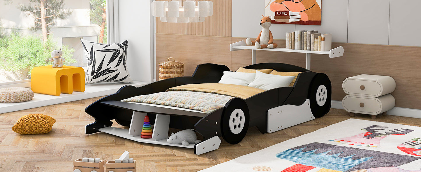 Full Size Race Car-Shaped Platform Bed with Wheels,Black