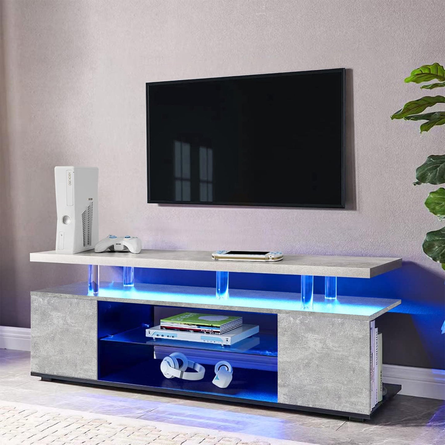 Streamlined Gray Entertainment Unit with Gaming Console Storage and Cable Management