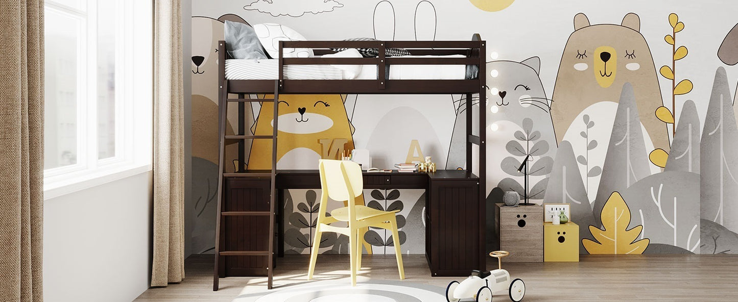 Twin size Loft Bed with Drawers, Cabinet, Shelves and Desk, Wooden Loft Bed with Desk - Espresso( :LT000505AAP)