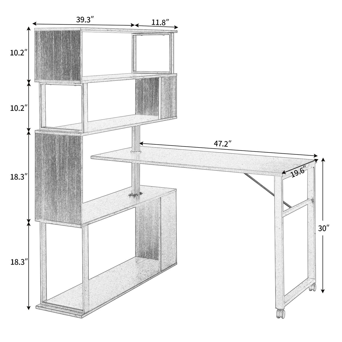 Modern L-Shaped Computer Desk with Rotating Bookshelf - Brown Tiger Wood