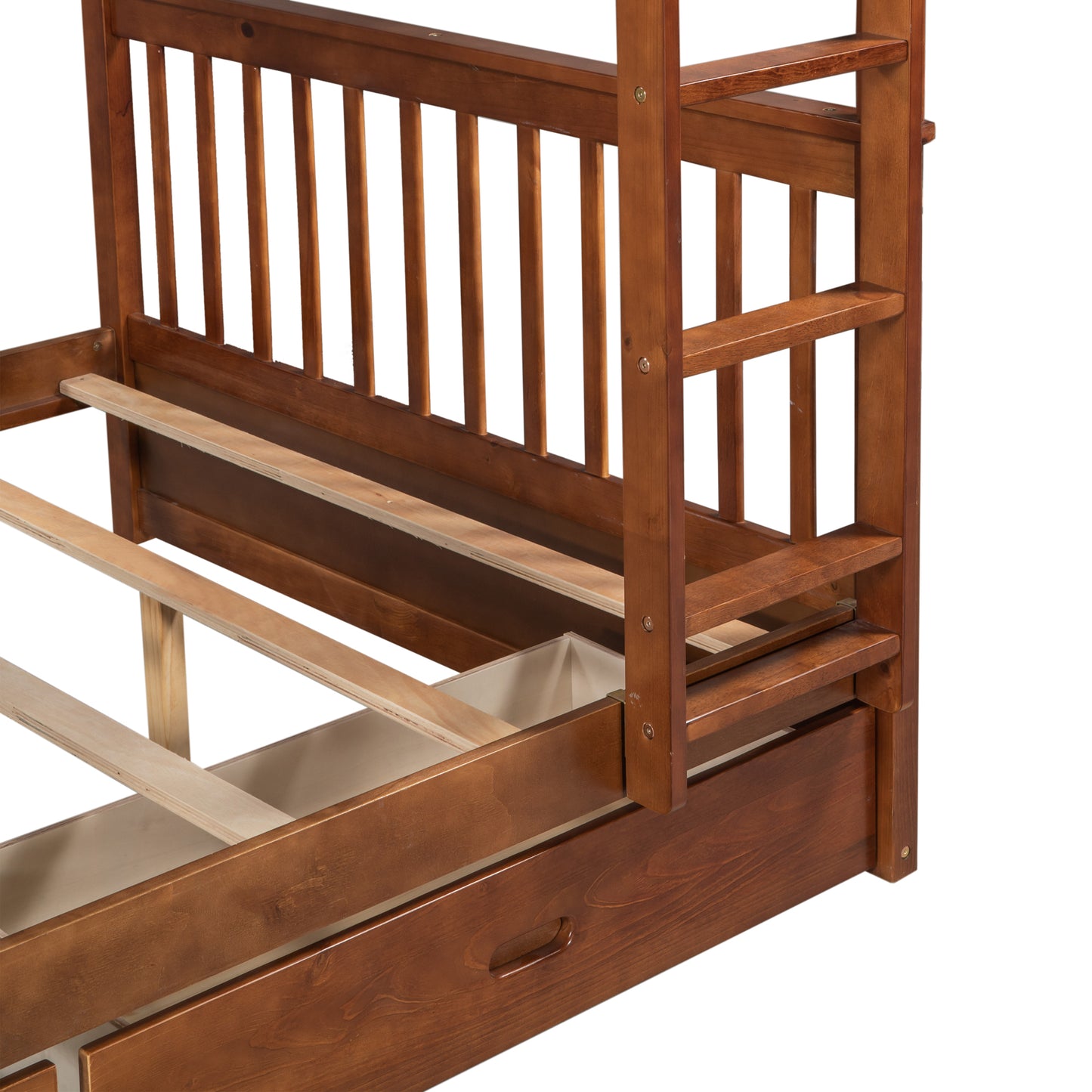 Full-Over-Full Walnut Bunk Bed with Two Storage Drawers and Ladder