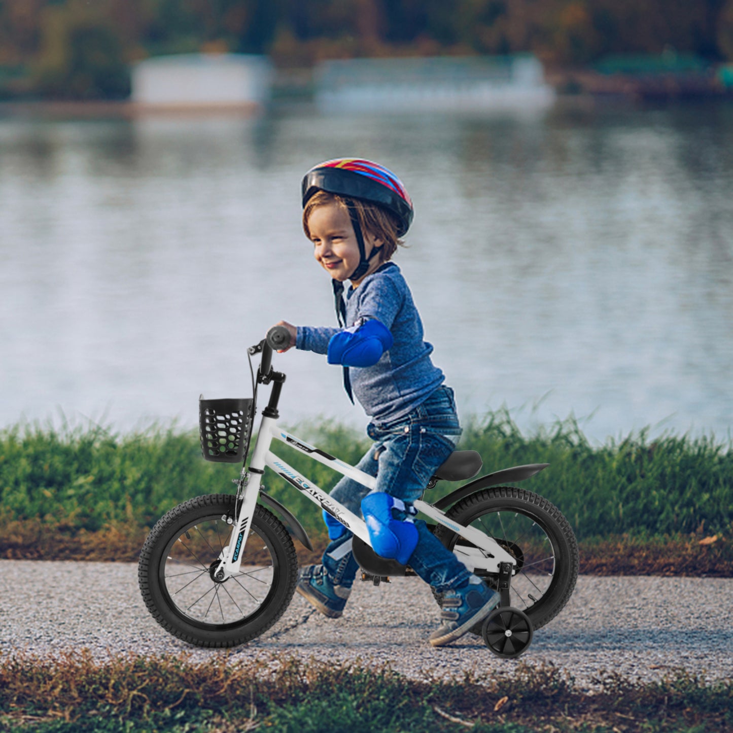 Kids Bike  16 inch for Boys & Girls with Training Wheels,  Freestyle Kids' Bicycle with Bell,Basket and fender.