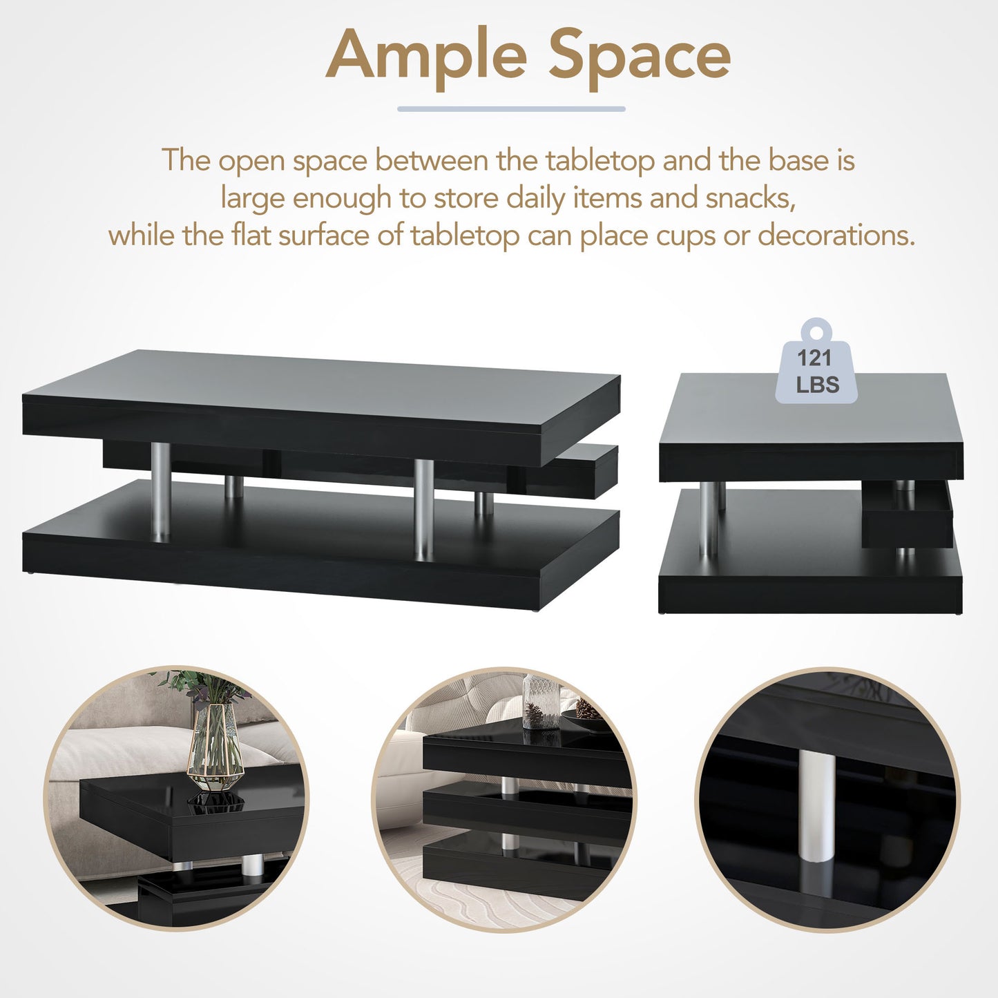 Black Contemporary 2-Tier Coffee Table with Sleek Metal Legs and High-Gloss UV Surface