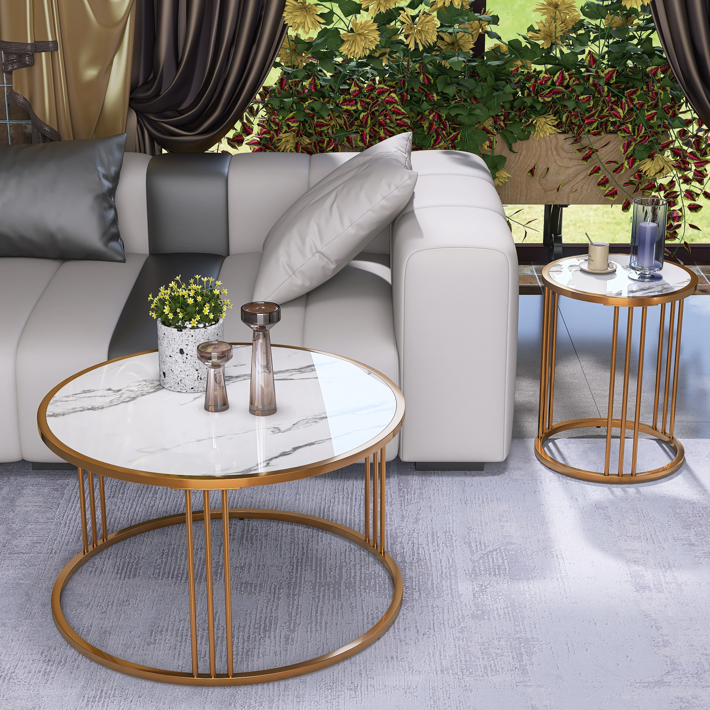 Golden Slate Coffee Table Set of 2: Modern Round Coffee Tables with Steel Frame For Living Room