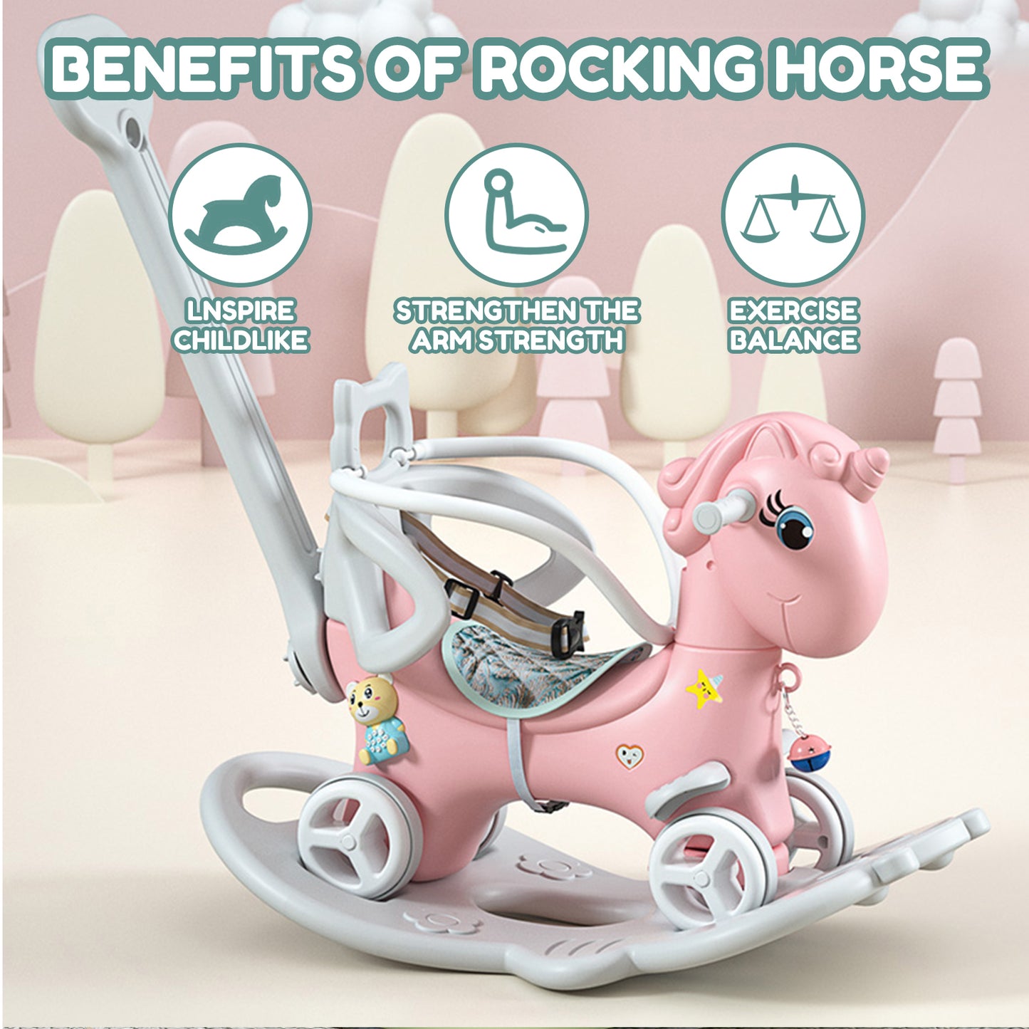 4-in-1 Unicorn Pink Rocking Horse and Ride-On Toy for Toddlers