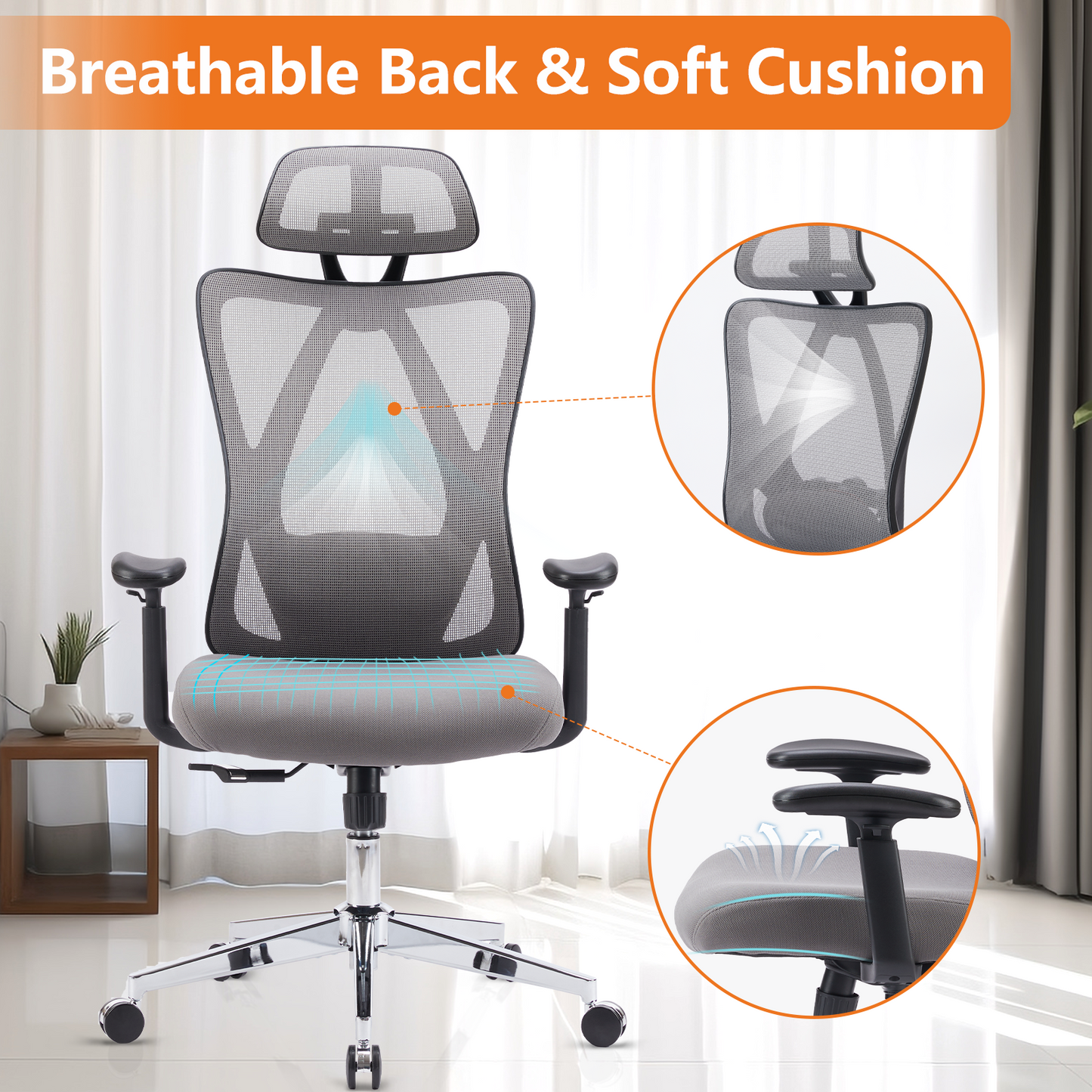 Sweetcrispy High Back Ergonomic Office Chair Adjustable Headrest and Waistrest Mesh Desk chair