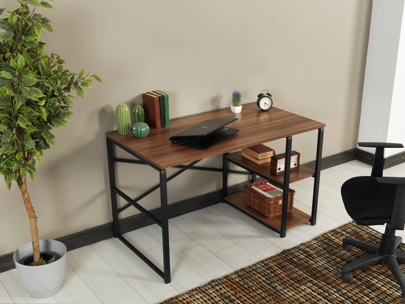 Sleek Walnut Writing Desk with Black Metal Frame and 2 Shelves