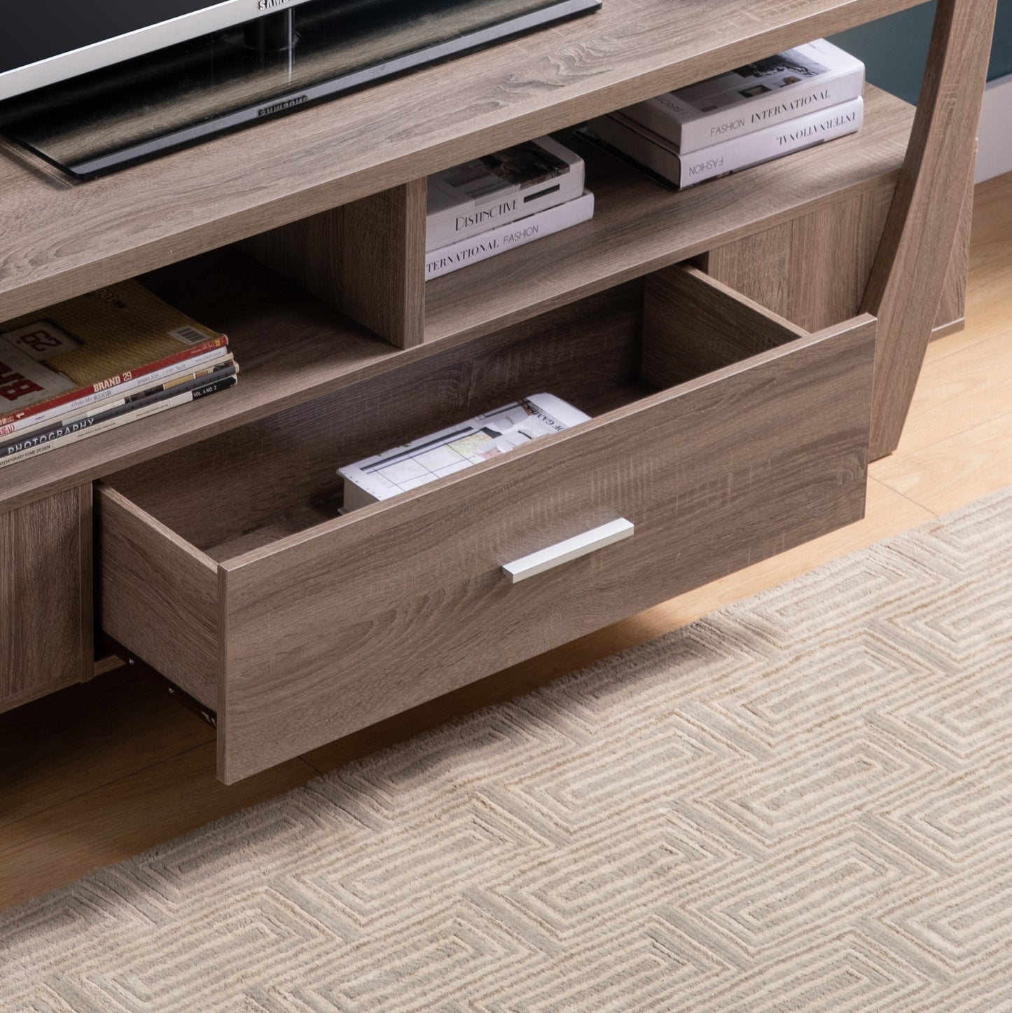 Dark Taupe TV Stand with Storage and Display Shelves from ID USA