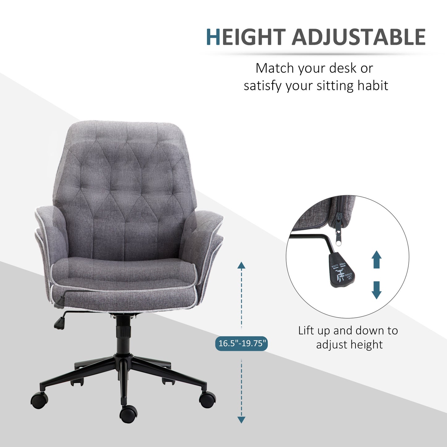 Vinsetto Linen Home Office Chair, Tufted Height Adjustable Computer Desk Chair with Swivel Wheels and Padded Armrests, Dark Gray