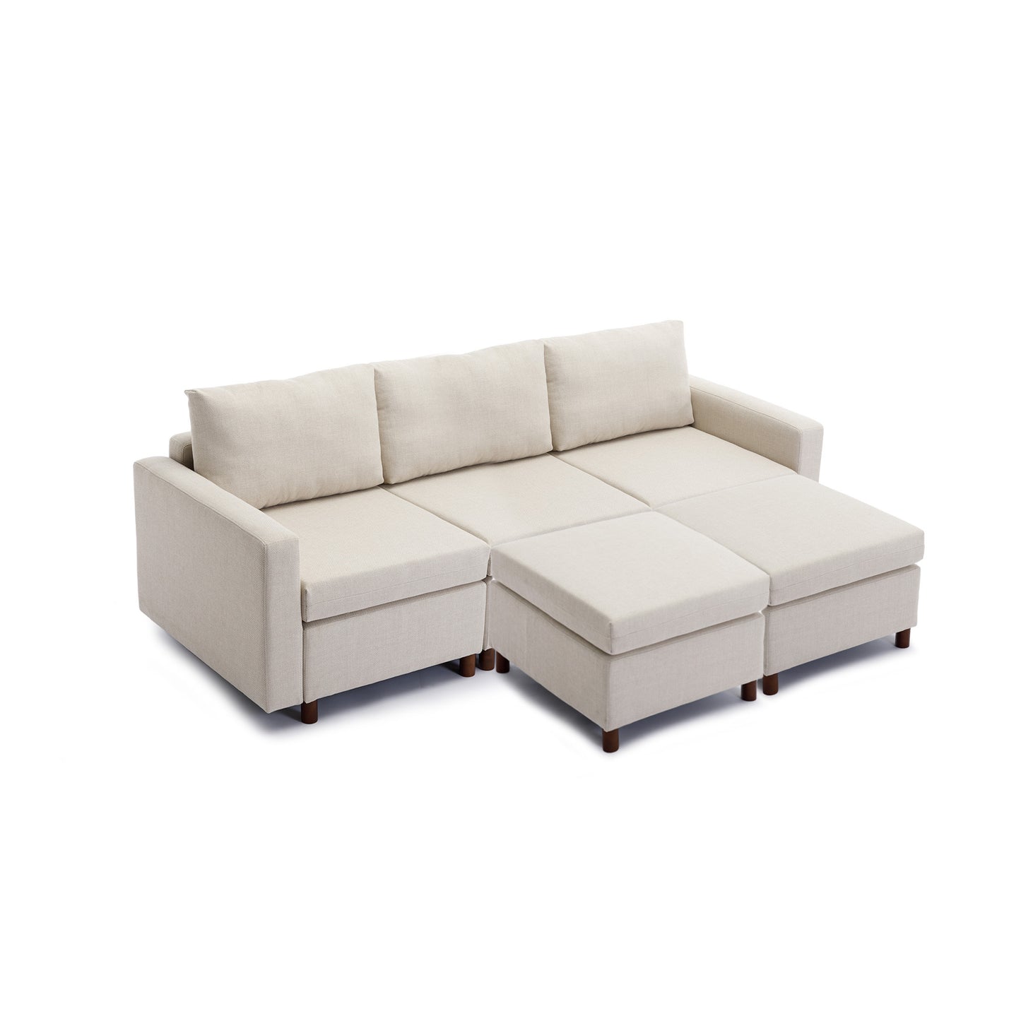 3-Seat Modular Sectional Sofa Set with 2 Ottomans, Cream Linen Upholstery