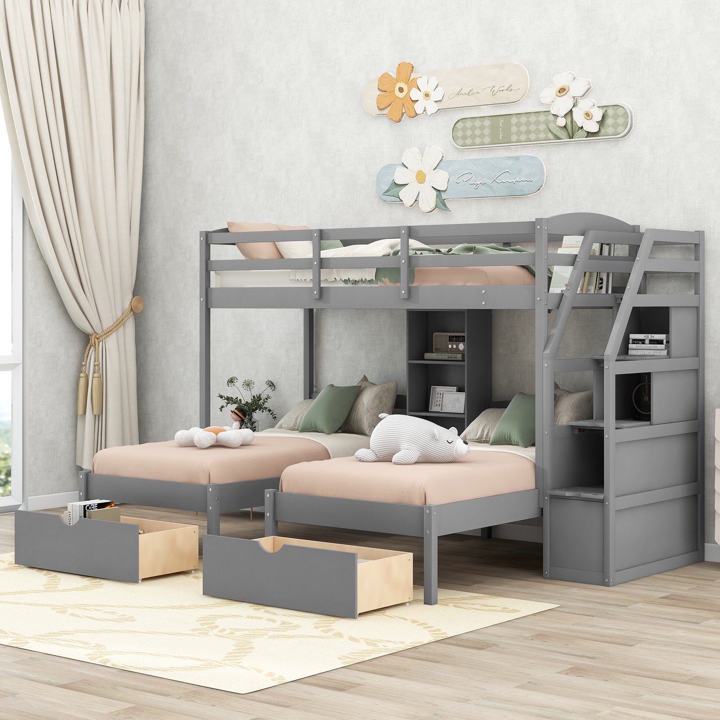 Gray Triple Bunk Bed with Storage Drawers, Staircase, and Built-in Shelves