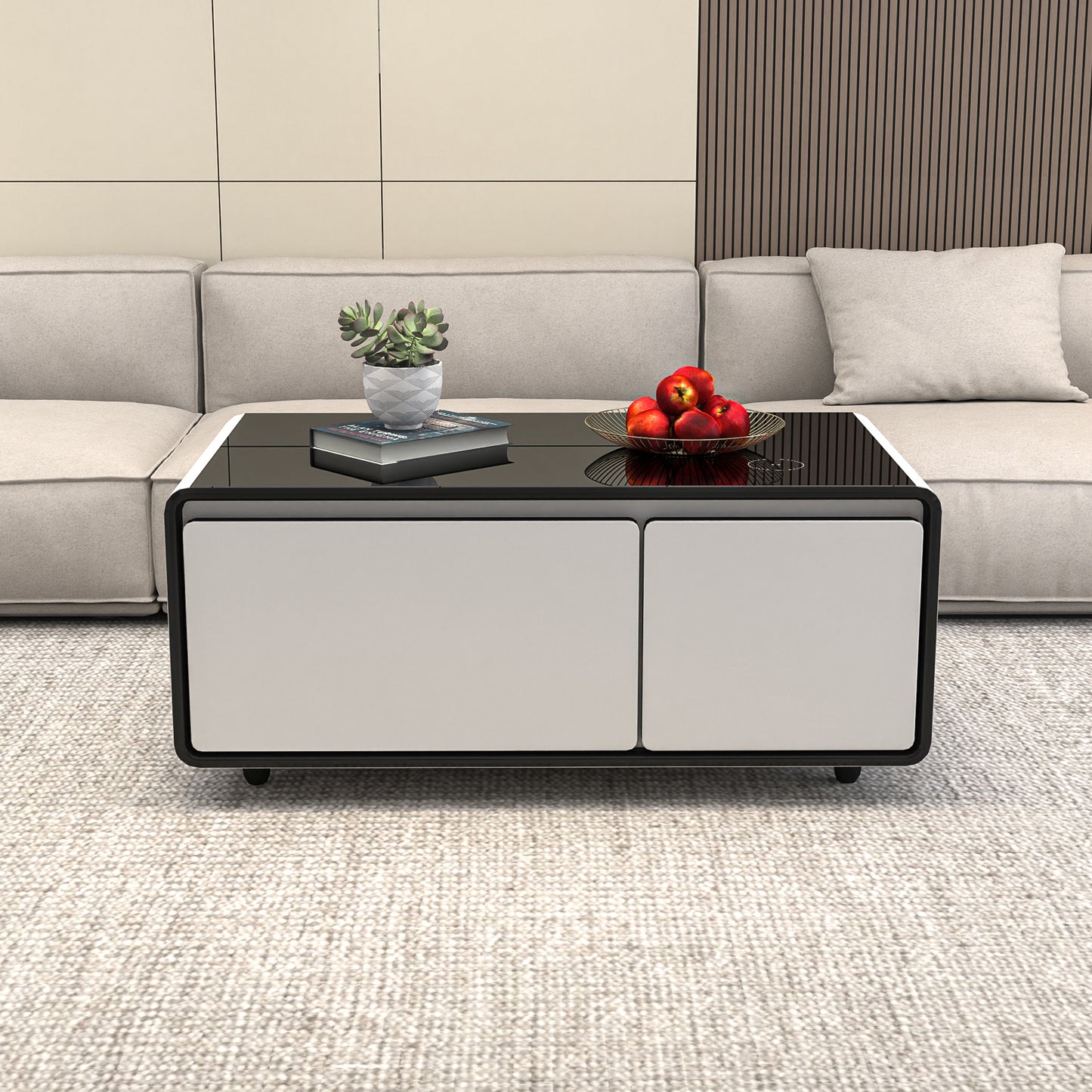 Smart White Coffee Table with Refrigerated Drawers, Wireless Charging & USB Ports