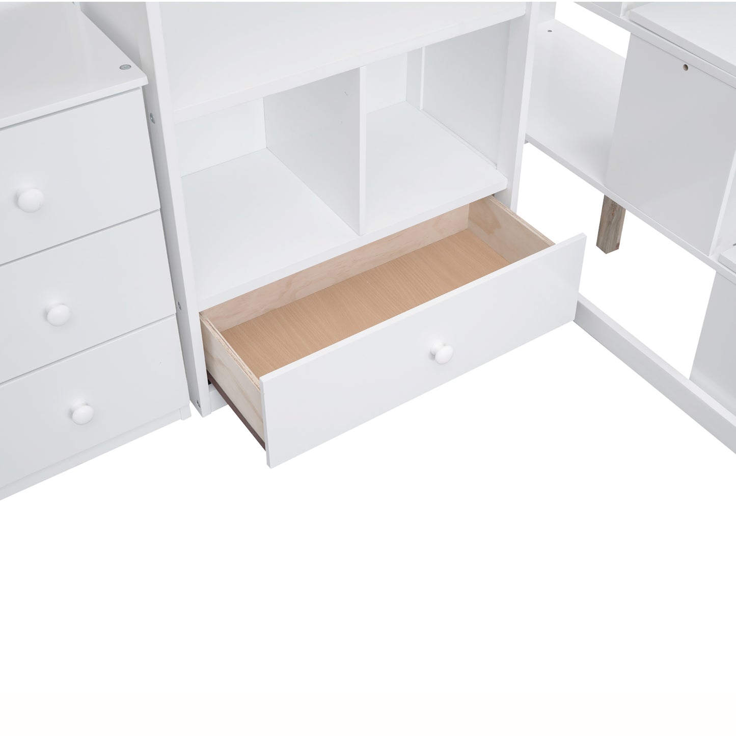 Twin Size Loft Bed with L-Shaped Desk and Drawers, Cabinet and Storage Staircase, White