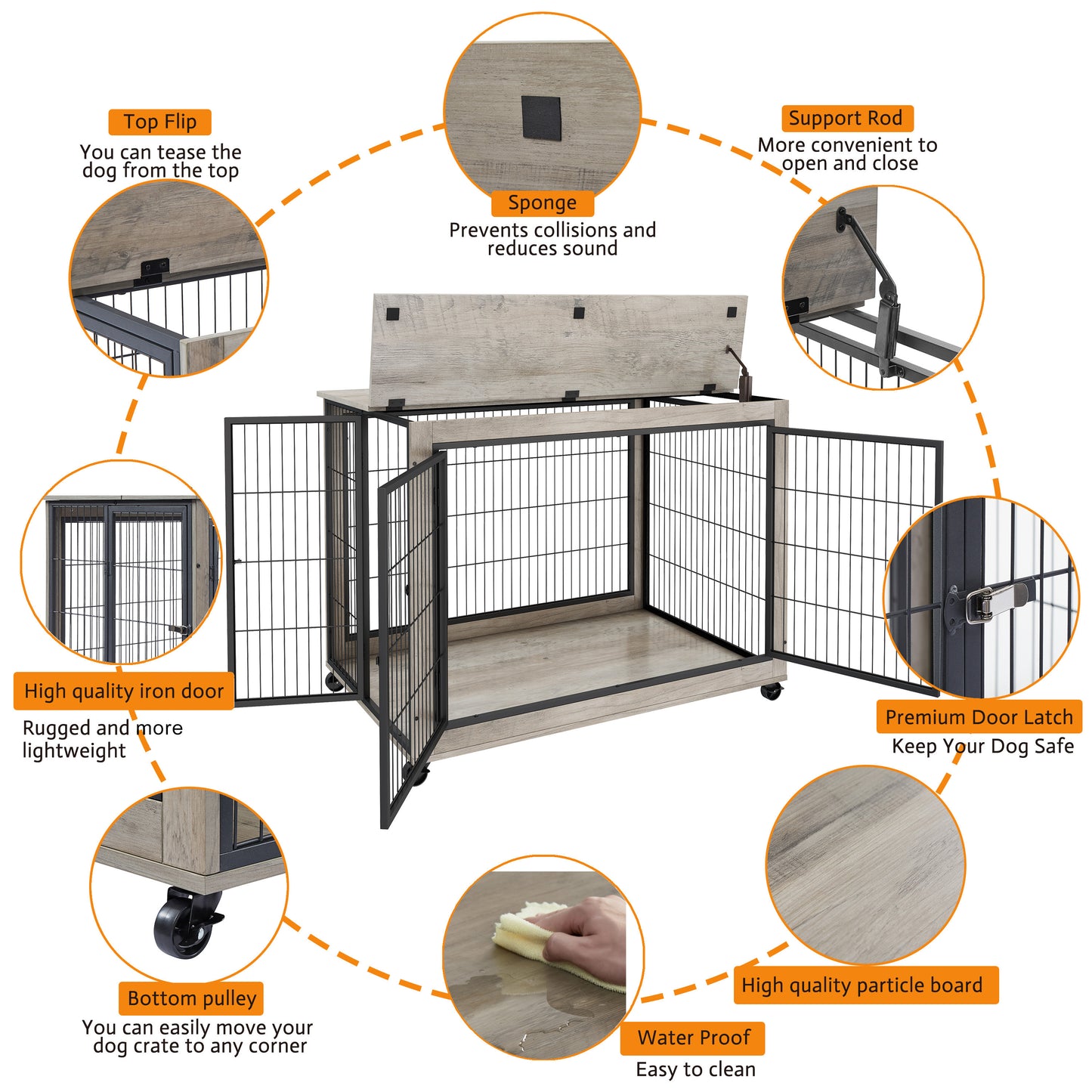 Furniture Style Dog Crate Side Table on Wheels with Double Doors and Lift Top. Grey, 43.7'' W x 30'' D x 31.1'' H.