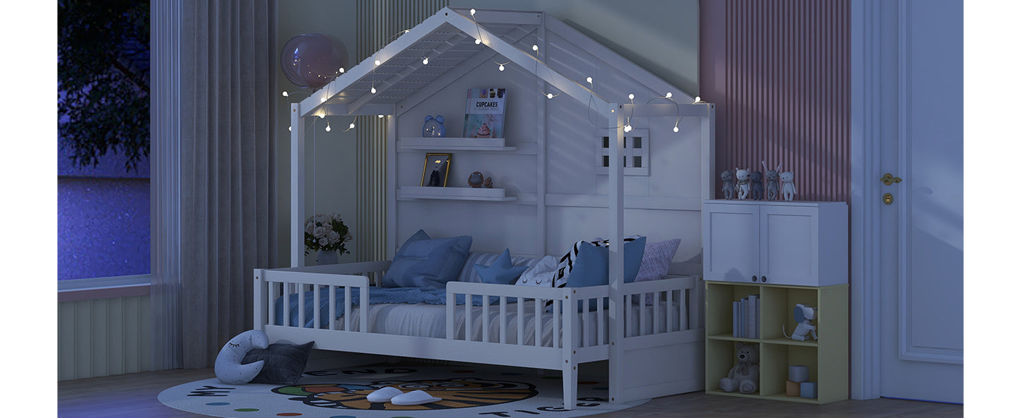 Twin Size House Bed with Shelves, House Bed with Window and  Sparkling Light Strip on the Roof, White