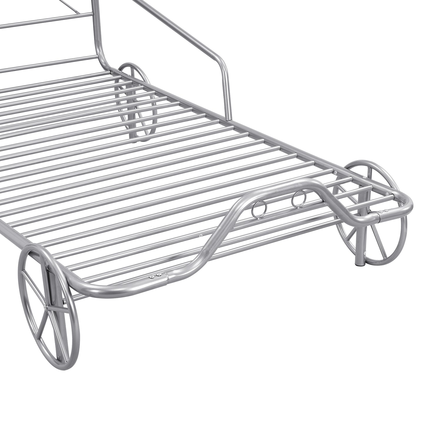 Twin Size Metal Car Bed with Four Wheels, Guardrails and  X-Shaped Frame Shelf, Silver(: MF297599AAN)