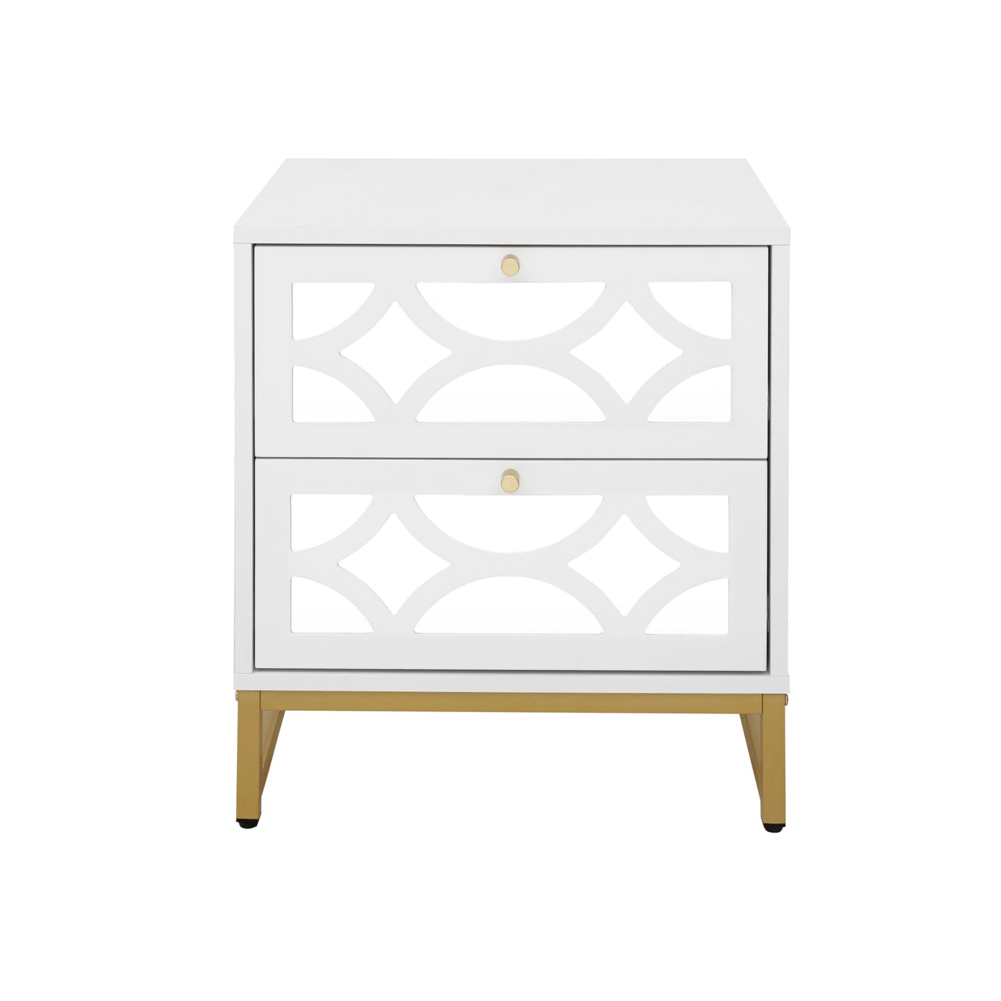 2 drawer nightstand,Small Bedside Table with 2 Drawers,White Mirrored Nightstand,with Gold Legs, Side Table with Storage for Bedroom, Living Room