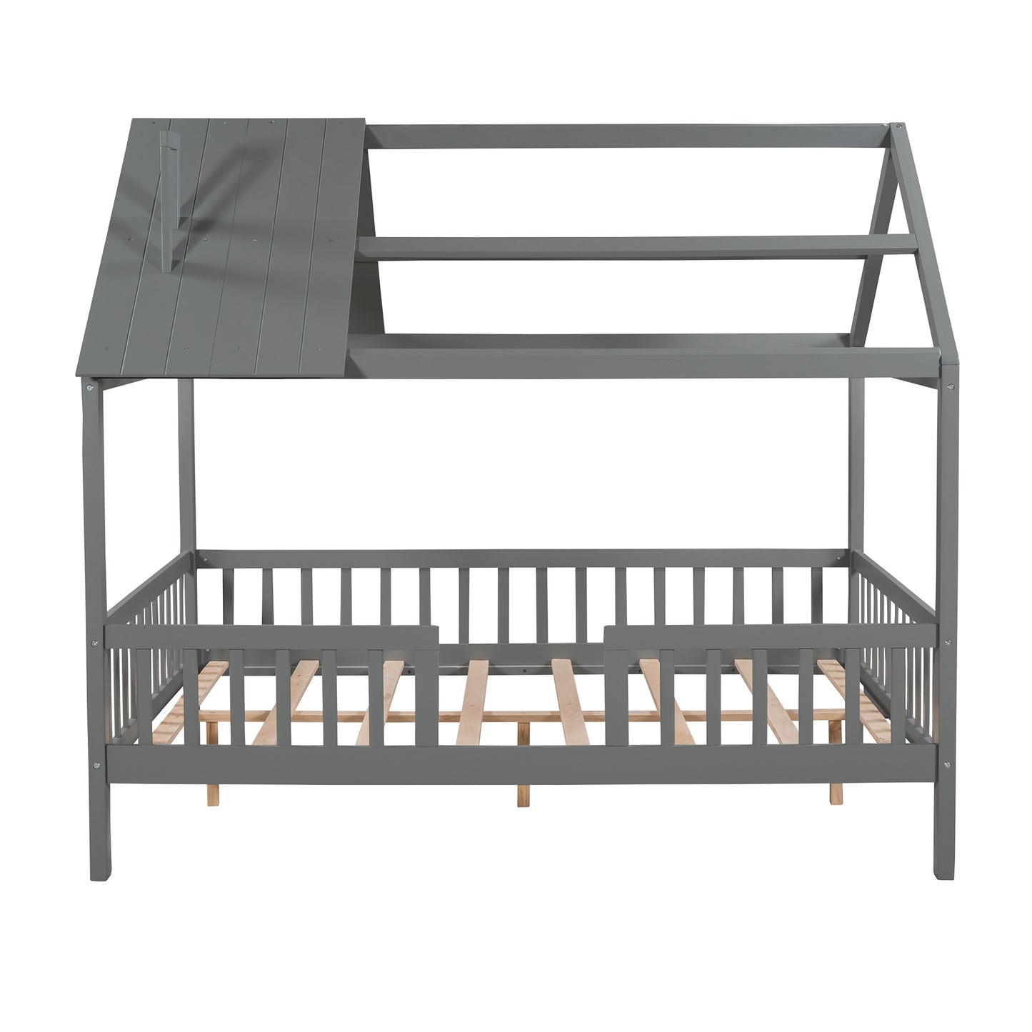 Full Size Wood House Bed with Fence, Gray