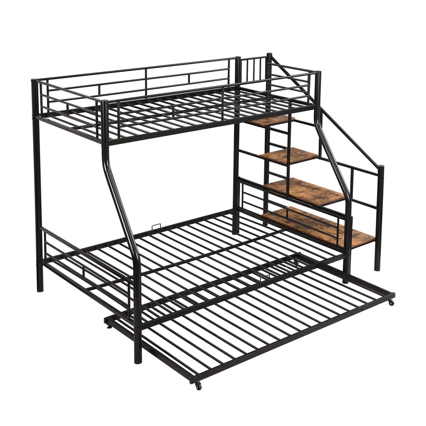 Black Metal Bunk Bed with Storage Staircase and Trundle - Twin over Full Size