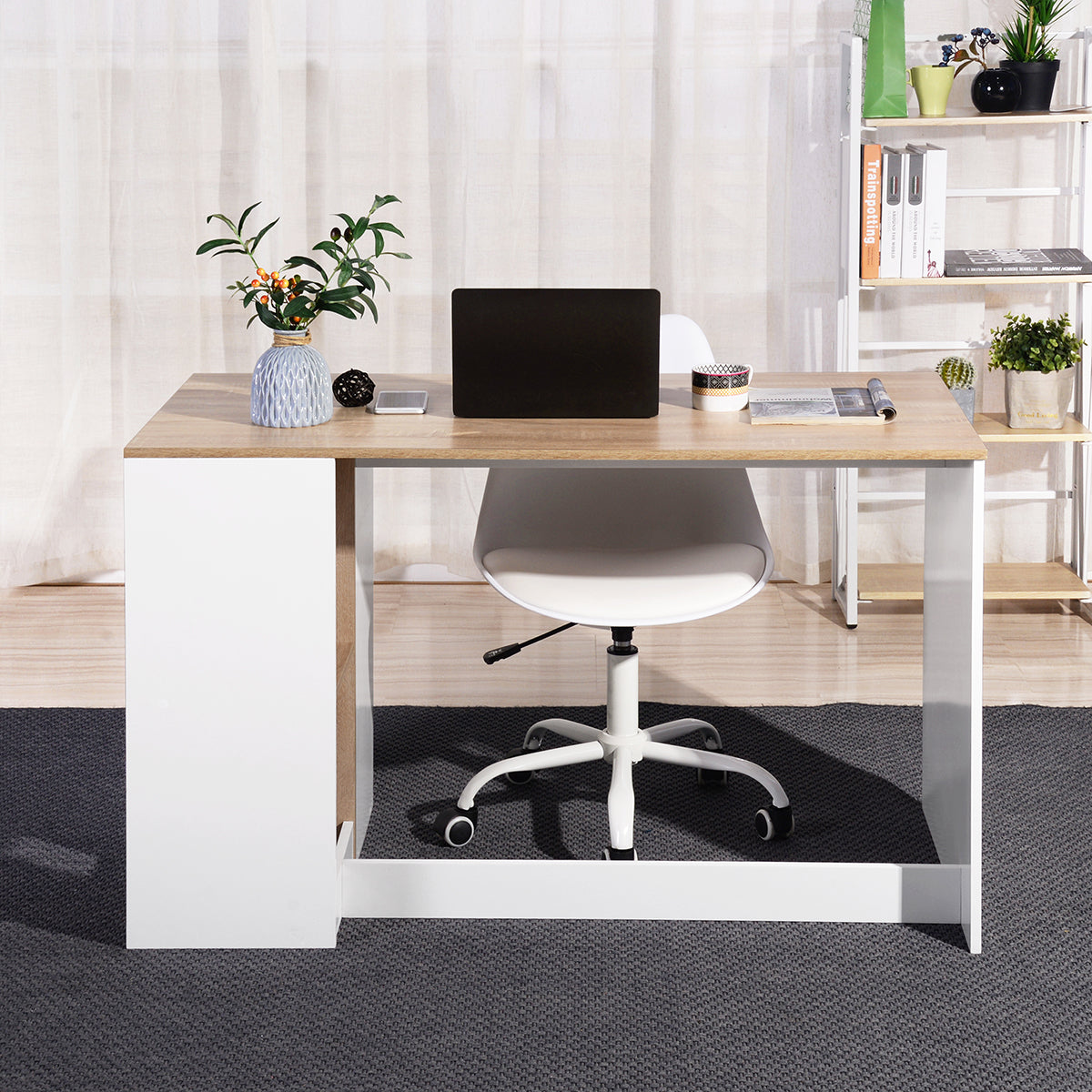 Modern Oak White Computer Desk with 5 Storage Shelves for Small Spaces