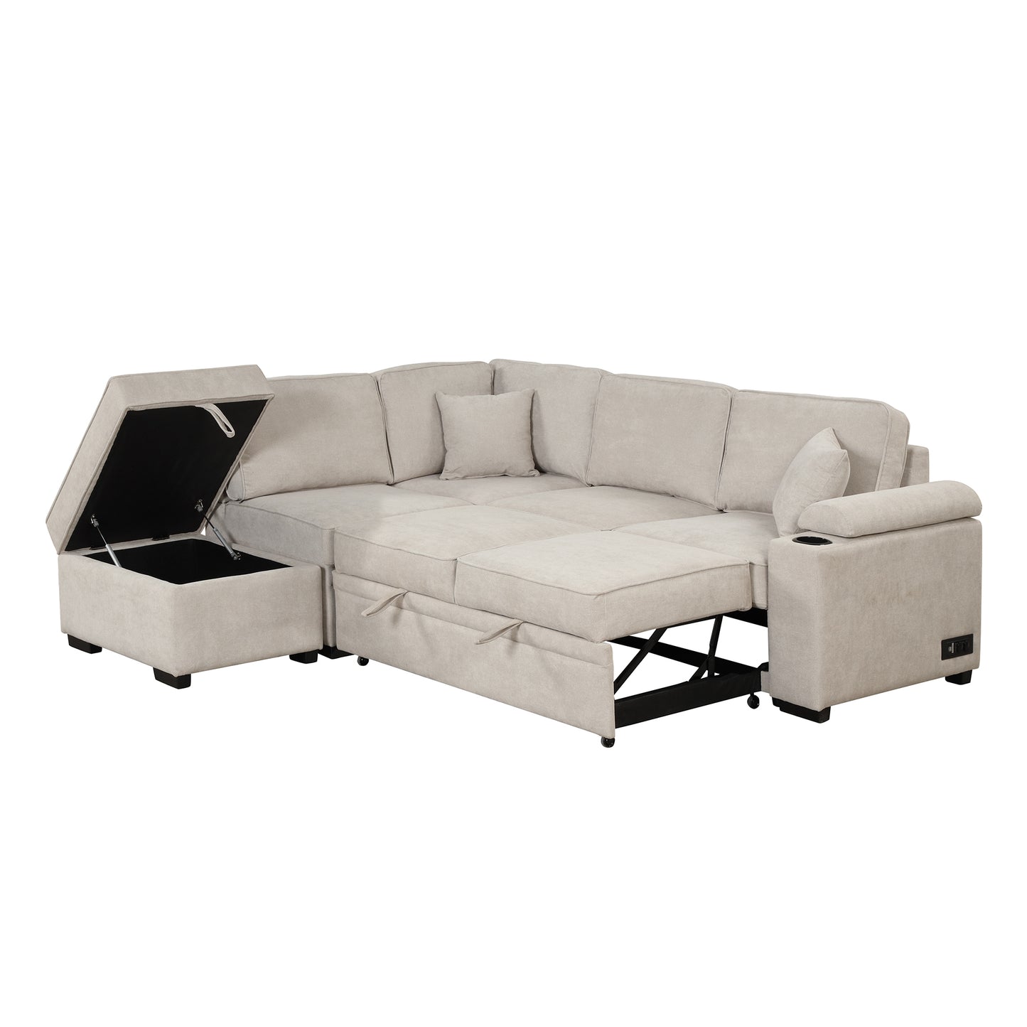 87.4 Beige L-Shape Sleeper Sofa Bed with Storage Ottoman