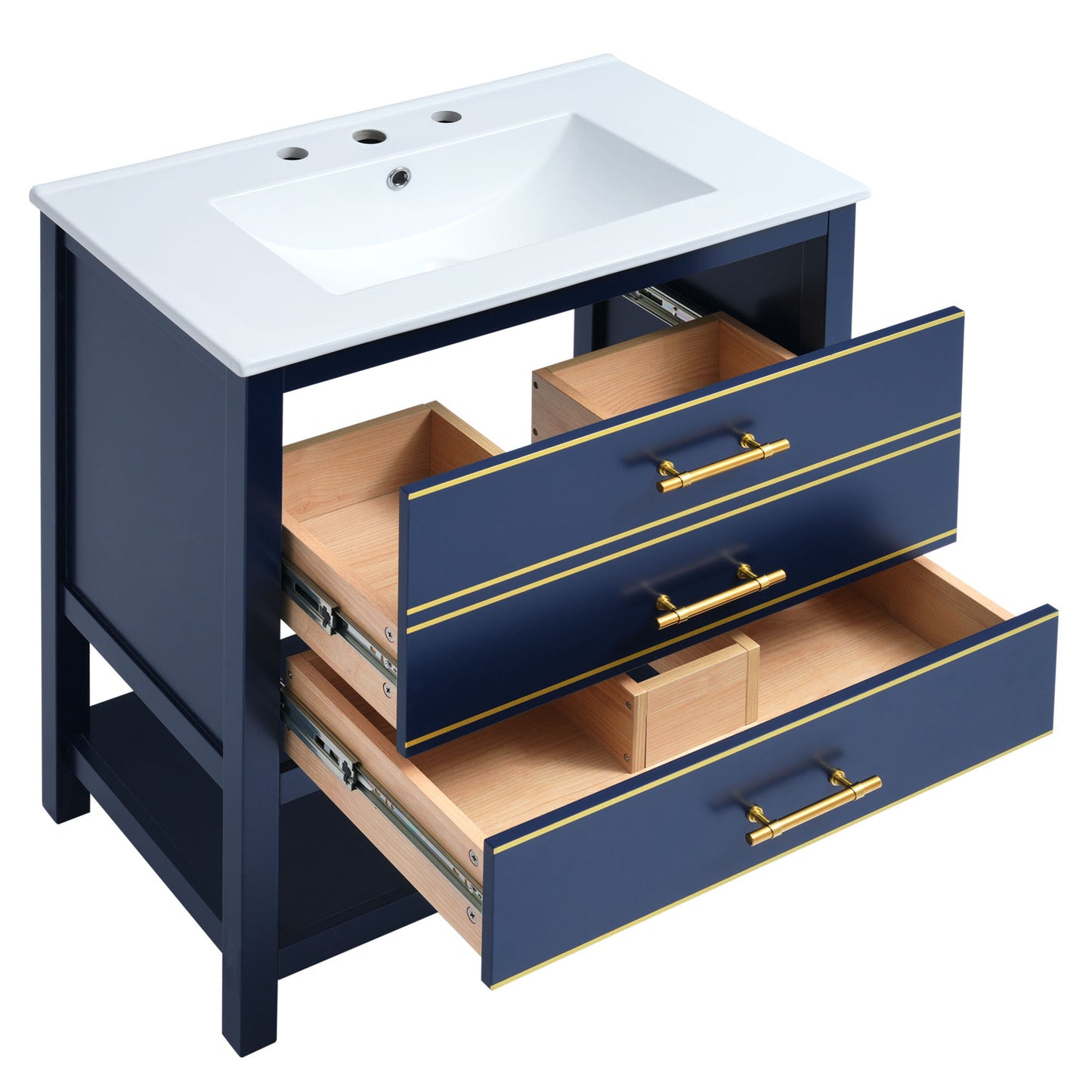 Modern 30inch Navy Blue/White Bathroom Vanity Cabinet Combo with OpenStorge, Two Drawers