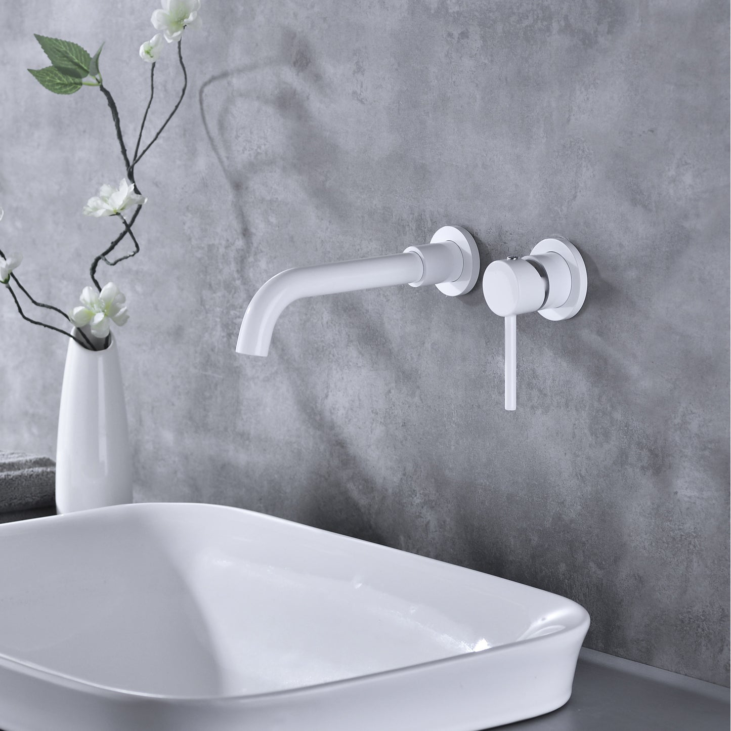 Wall Mounted Bathroom Faucet with White Single Lever Handle