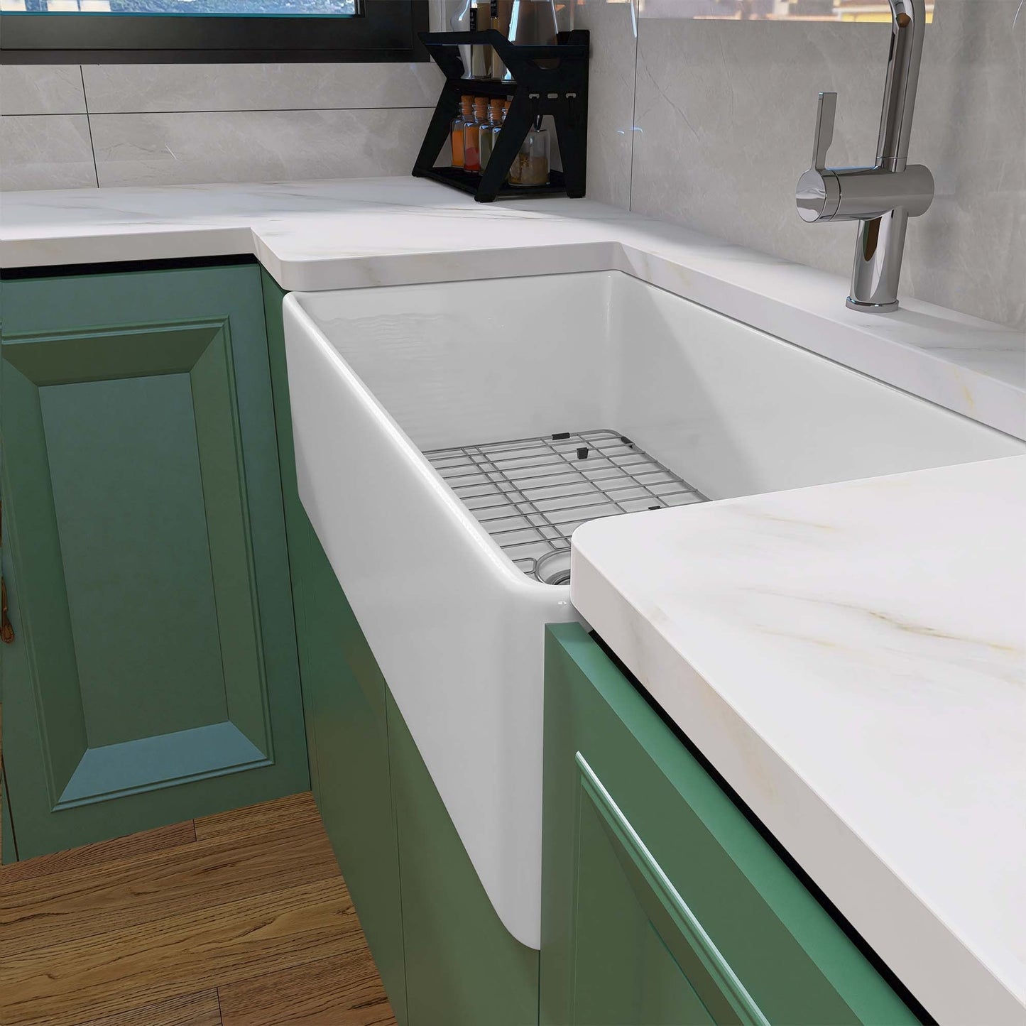 36 Inch Glossy White Fireclay Farmhouse Kitchen Sink with Bottom Grid and Drain