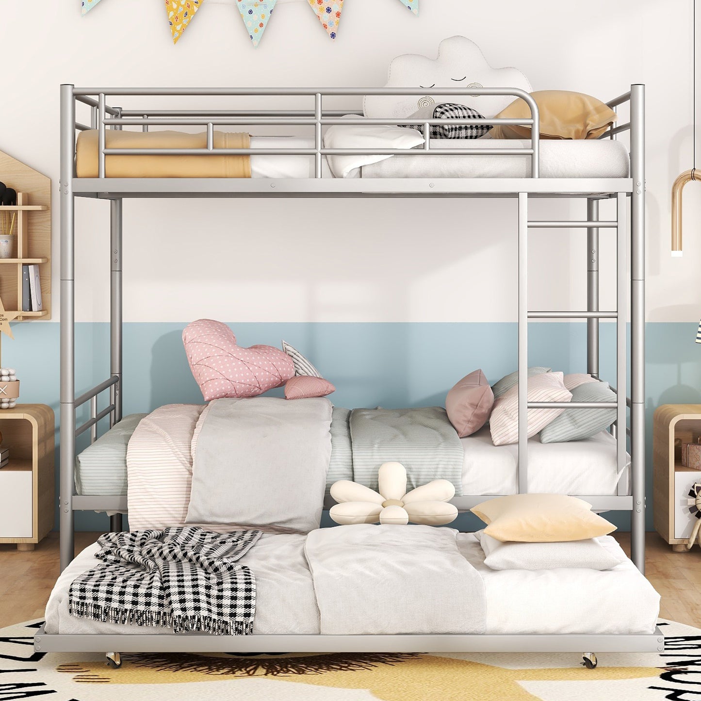 Silver Metal Full Over Full Bunk Bed Set with Trundle