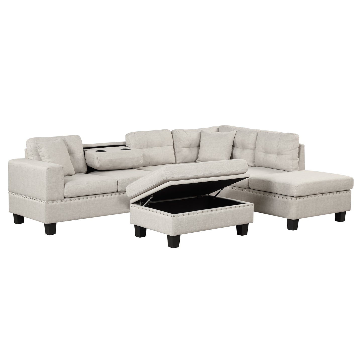 Light Gray L-Shape Sectional Sofa with Storage Ottoman and Reversible Chaise