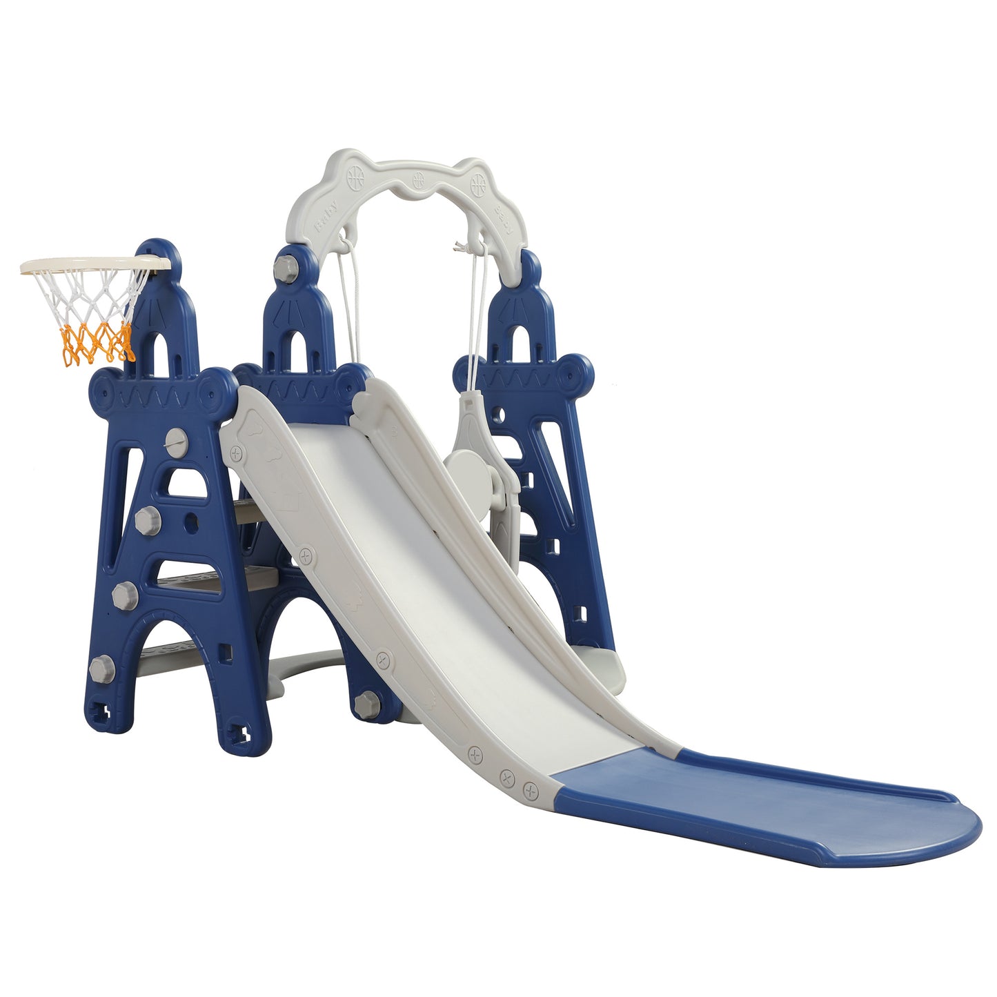 3-in-1 Kids Swing, Slide, and Basketball Set for Indoor and Outdoor Play, Blue and Gray