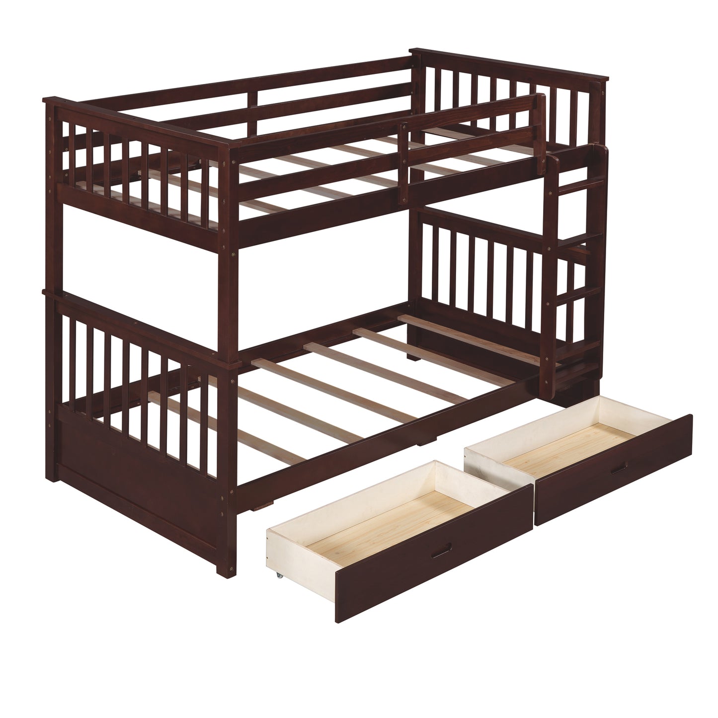 Twin Bunk Bed with Storage Drawers and Ladders in Espresso - Space-Efficient Solution