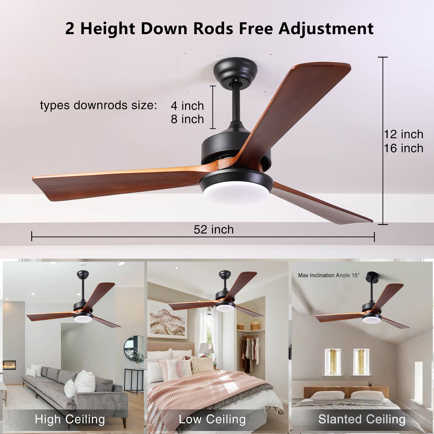 52 Natural Wood Ceiling Fan with Reversible Blades, Remote Control, and 6-Speed DC Motor