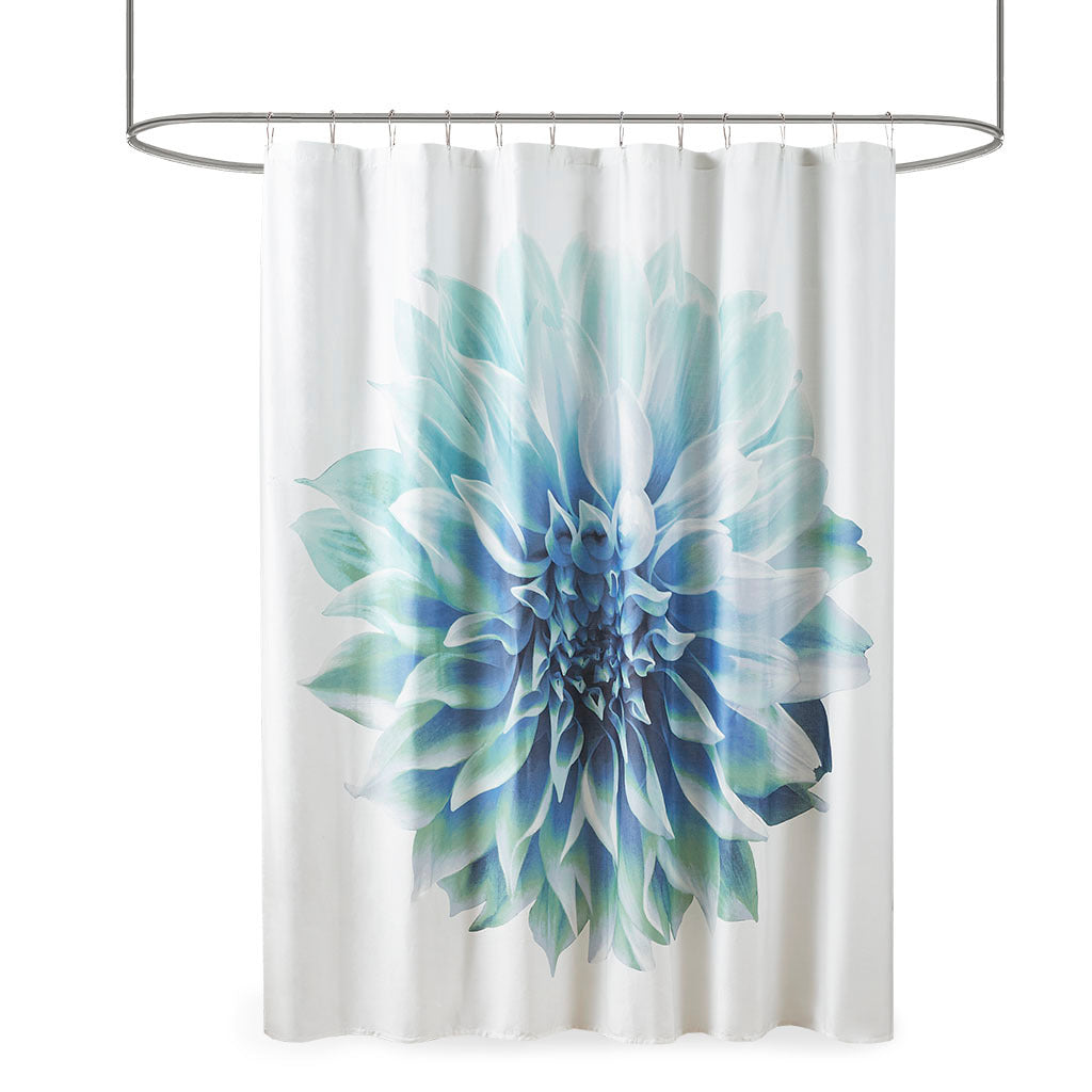 Aqua Floral Cotton Shower Curtain with Modern Design