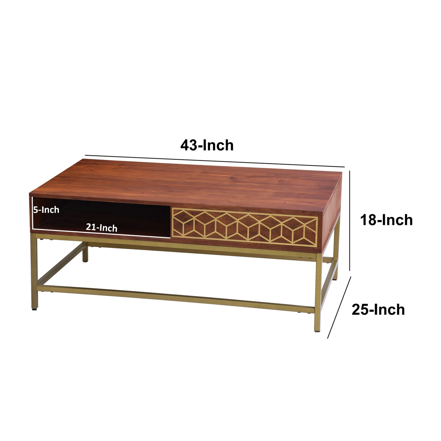 Kalyn 43 Acacia Wood Coffee Table with Geometric Brass Design and Open Storage Compartment, Natural Brown Finish