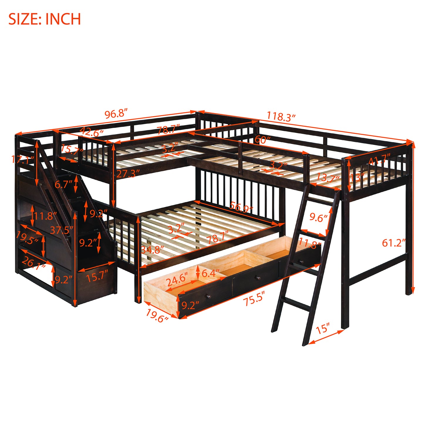 Espresso Twin over Full Bunk Bed with 3 Storage Drawers, Ladder, and Staircase