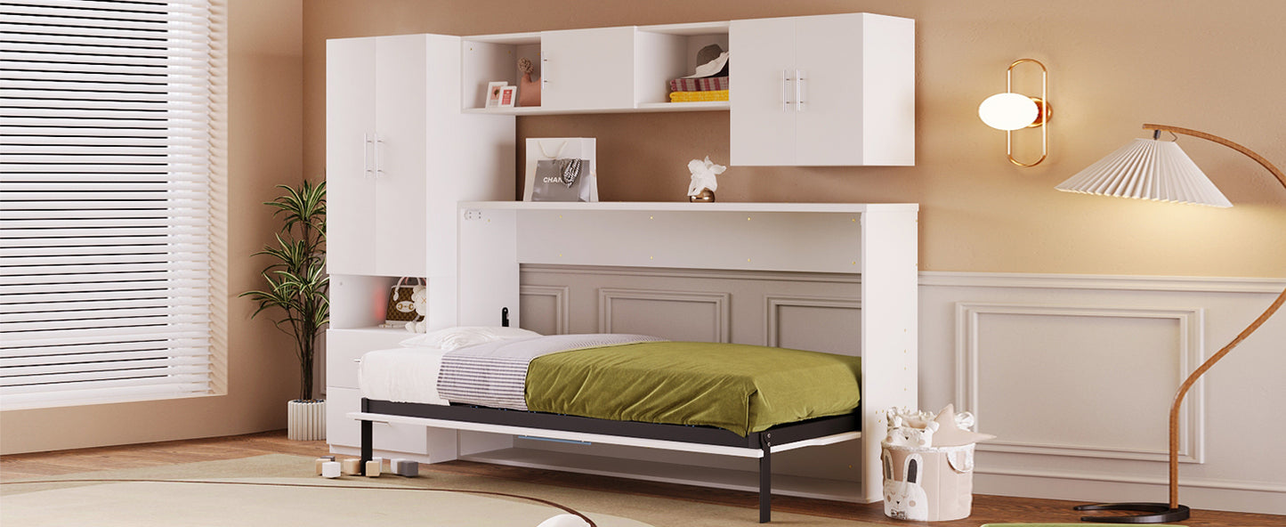Twin Size Murphy Bed with Open Shelves and Storage Drawers,Built-in Wardrobe and Table, White