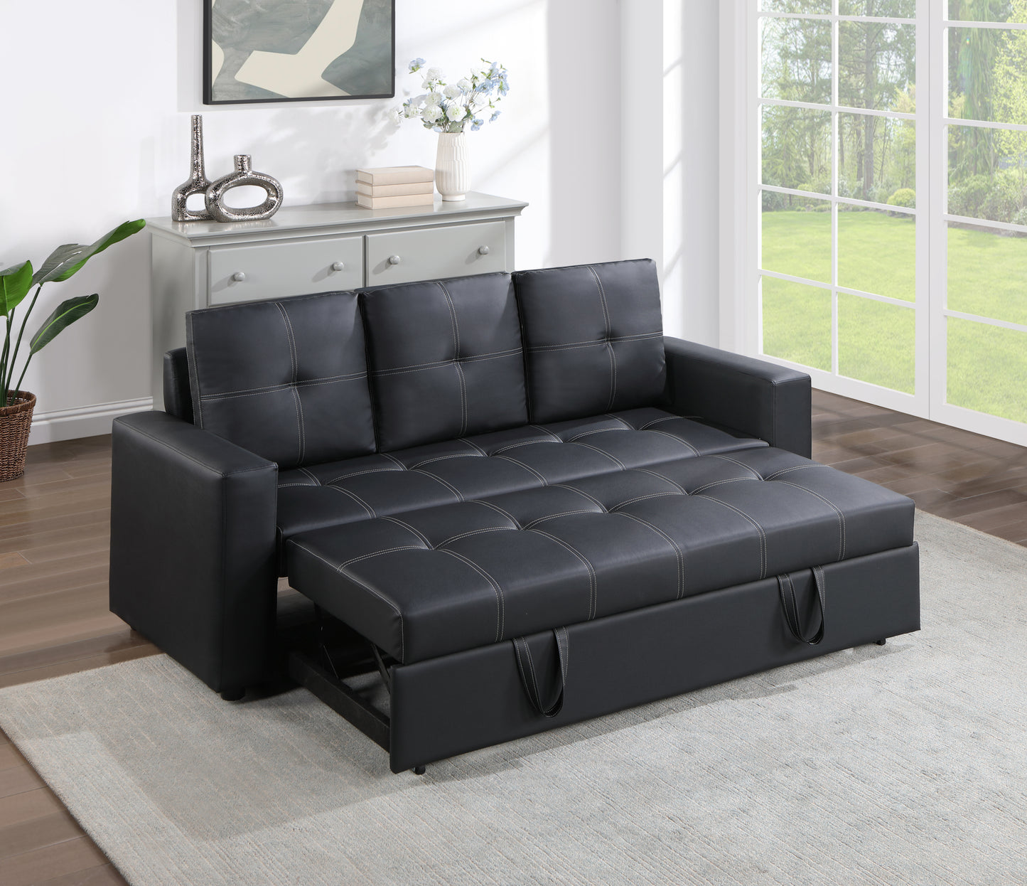 Aiden Black PU Leather Sleeper Sofa with Tufting