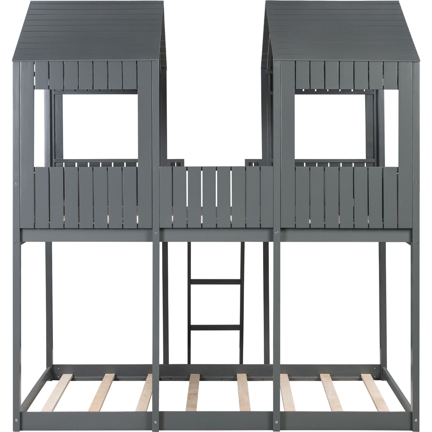 Wooden Playhouse-Styled Full Over Full Bunk Bed with Gray Roof and Window