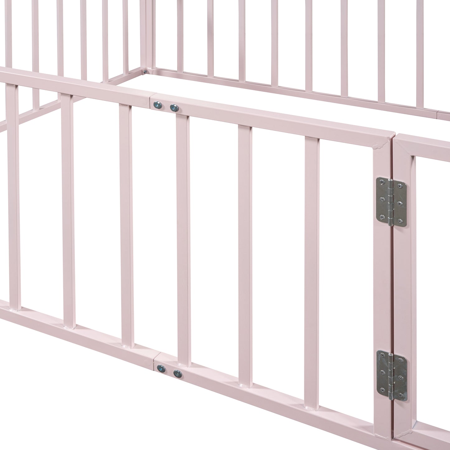 Queen Size Metal Floor Bed Frame with Fence and Door, Pink