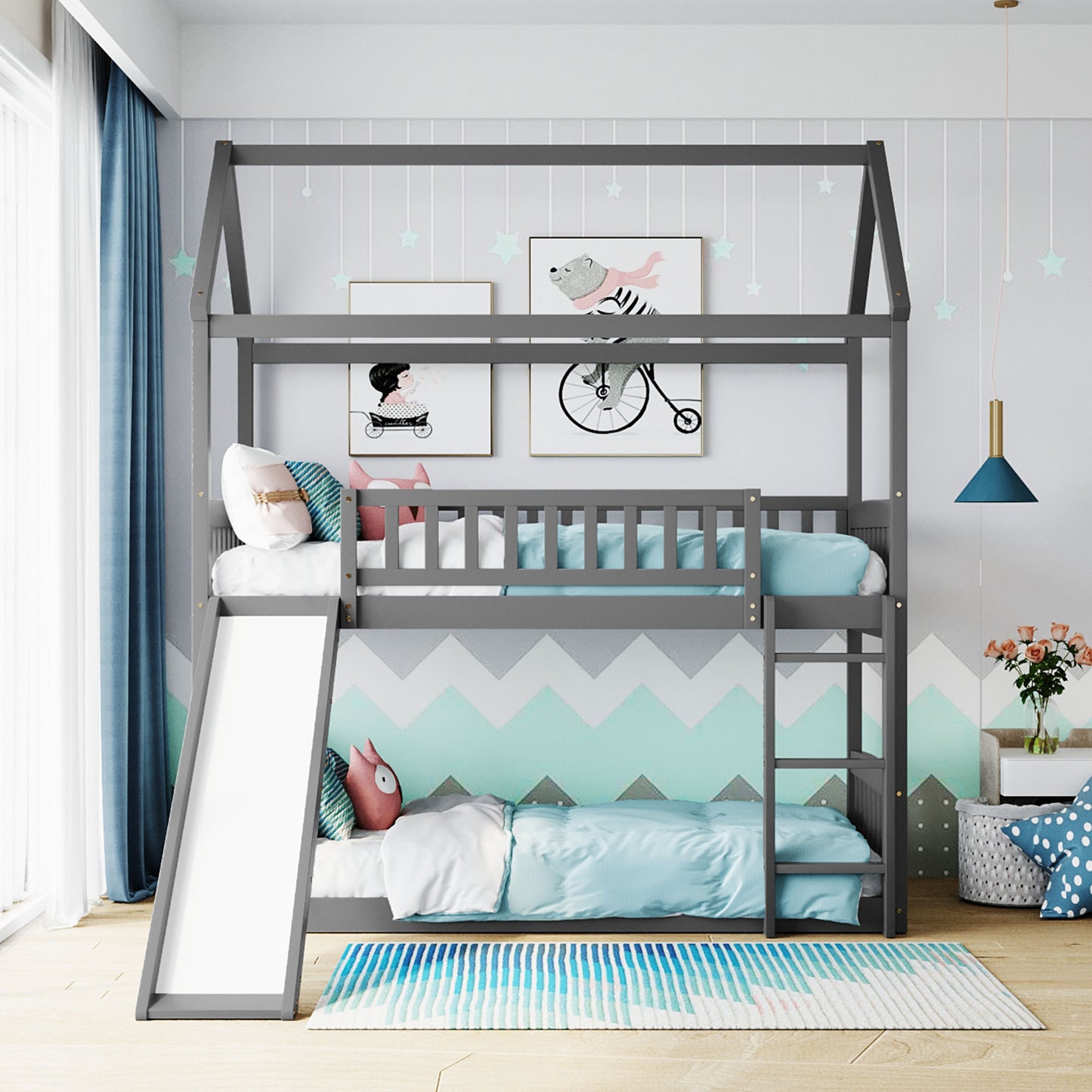 Bunk Bed with Playhouse Design and Slide