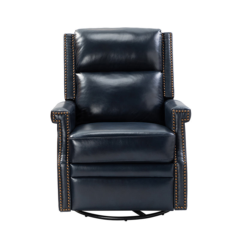 Navy Genuine Leather Swivel Rocker Recliner with Nailhead Trim