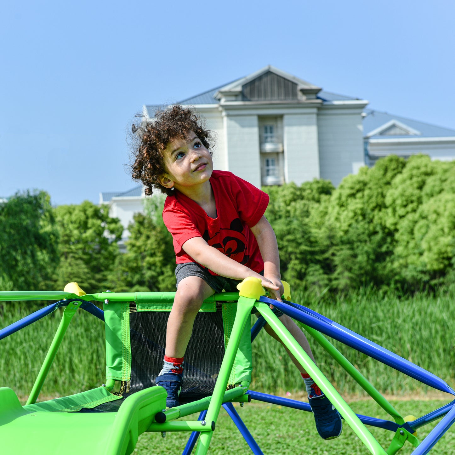 Kids Climbing Dome Jungle Gym with Wave Slide - Outdoor and Indoor Playground for Active Play