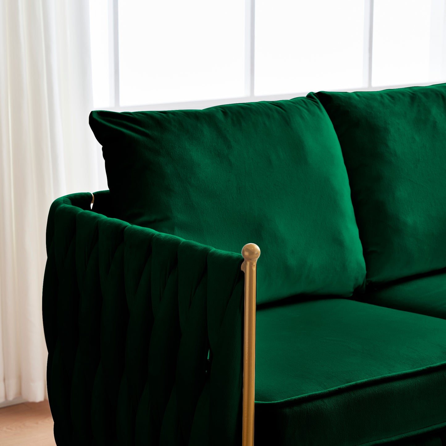 Luxurious Handmade Green Velvet Sofa Couch Set with Unique Woven Back