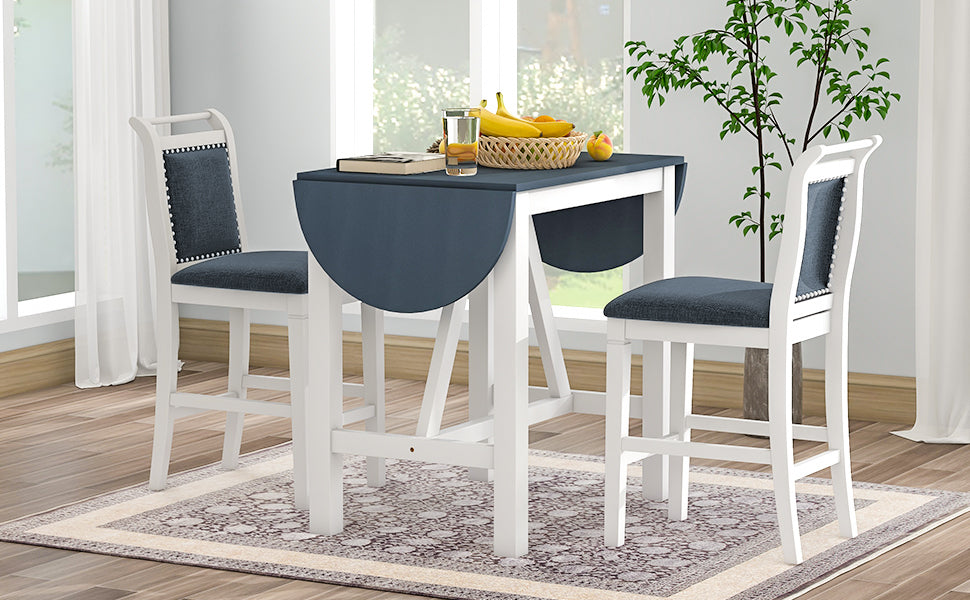 3-Piece Wood Counter Height Drop Leaf  Dining Table Set with 2 Upholstered Dining Chairs for Small Place, White+Gray