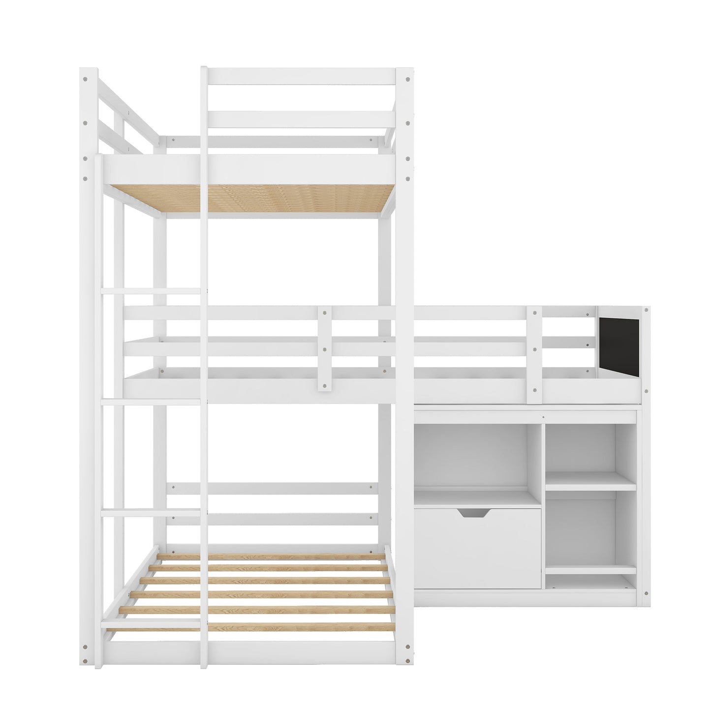 L-Shaped Triple Bunk Bed with Storage Cabinet, Blackboard, and White Finish - Innovative Space-Saving Solution