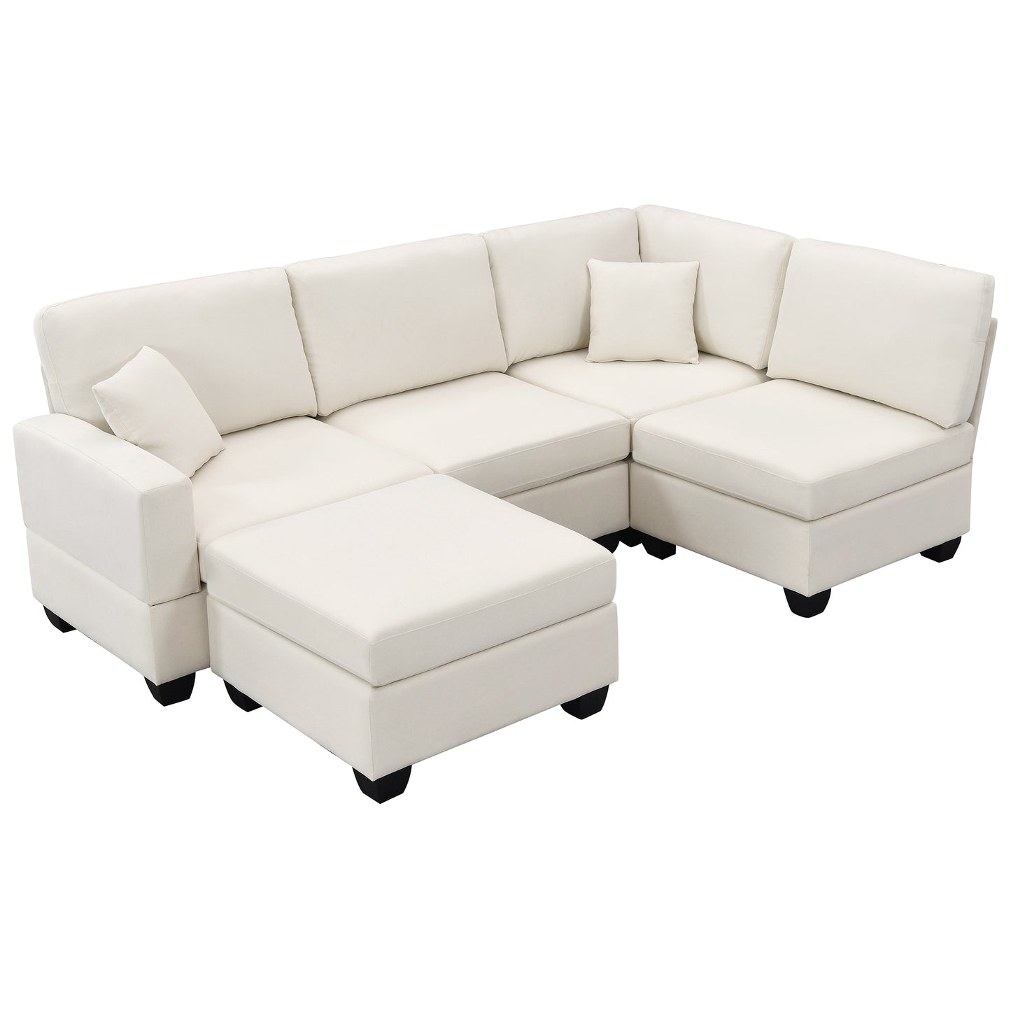 Contemporary 5-Seat L-Shaped Linen Sectional Sofa Set with Convertible Ottoman