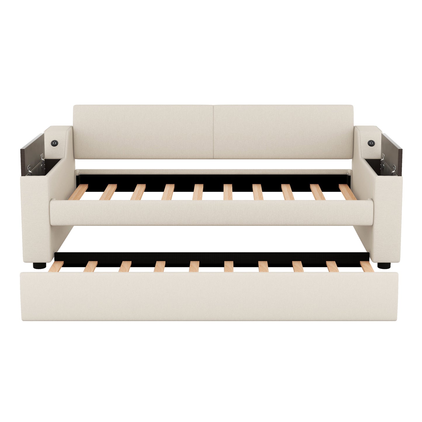 Twin Size Upholstery Daybed with Storage Arms, Trundle and USB Design, Beige