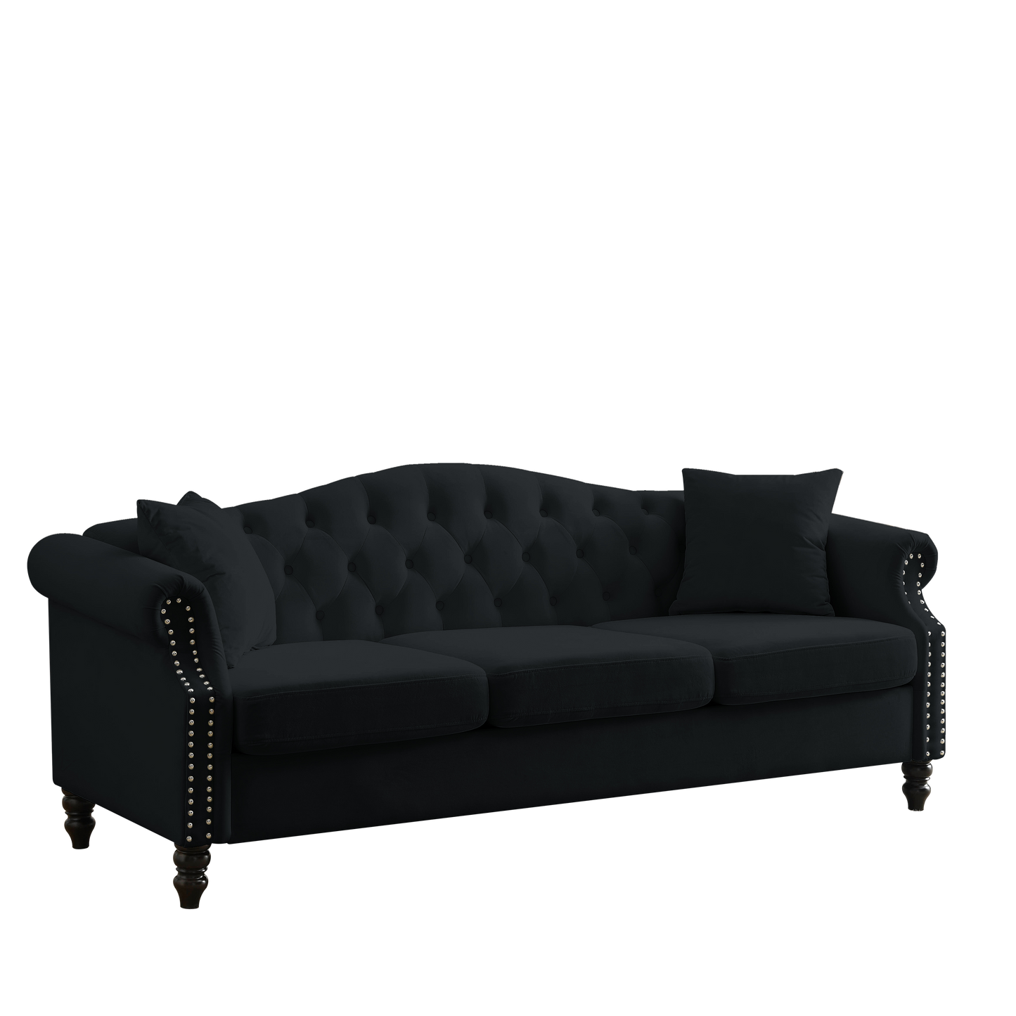 [Video] 79" Chesterfield Sofa Black Velvet for Living Room, 3 Seater Sofa Tufted Couch with Rolled Arms and Nailhead for Living Room, Bedroom, Office, Apartment, 3S+3S