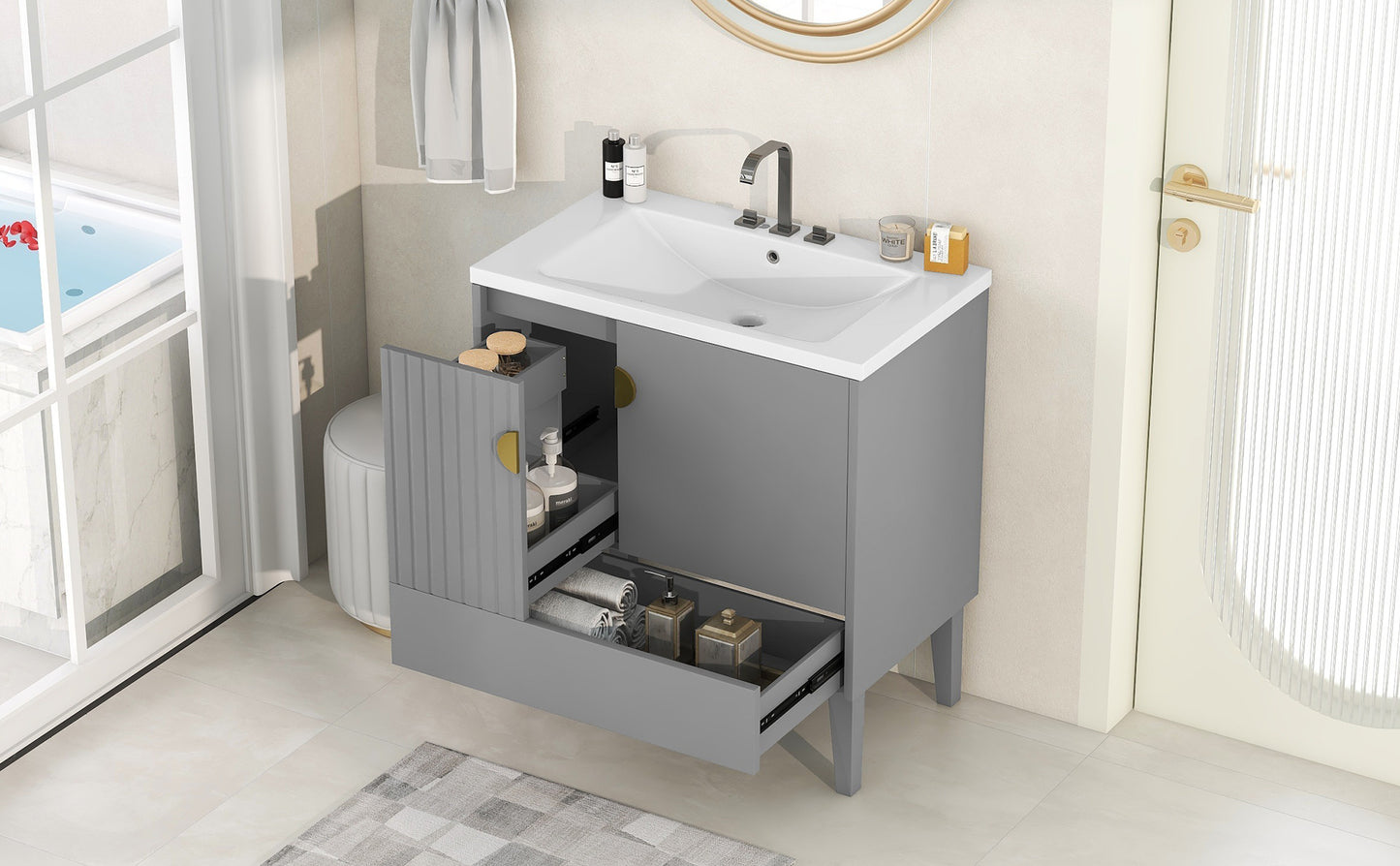 30" Bathroom Vanity with Sink Combo, Bathroom Cabinet with Door and Drawers, Solid Frame and MDF Board, Grey